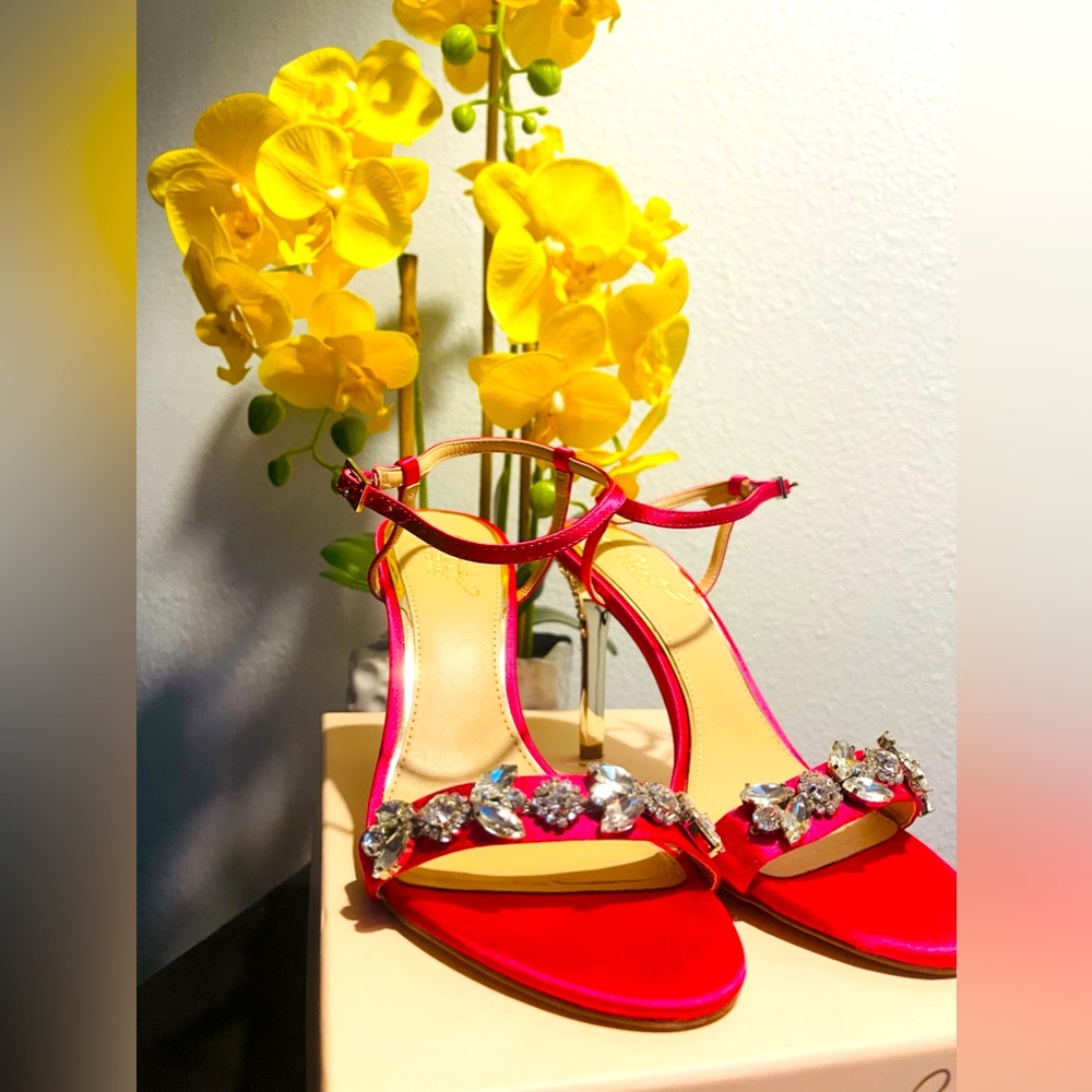 7.5 BADGLEY MISCHKA ✨💕Pink Satin Jewel Heels (Like New w/Box)